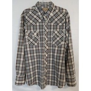 Vintage Wrangler Mens XL Pearl Snap Shirt Size Brown Beige Plaid Long Sleeve